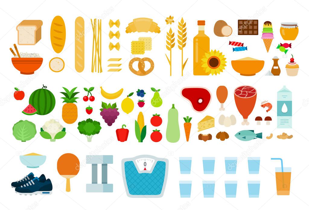 Protein, carbohydrate products, vegetables, fruits, products containing sugar and sports accessories vector flat isolated