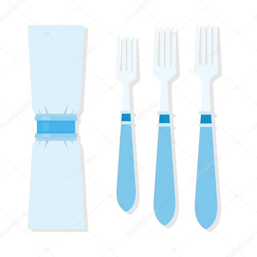 Set of forks for table setting with napkin in the ring flat isolated