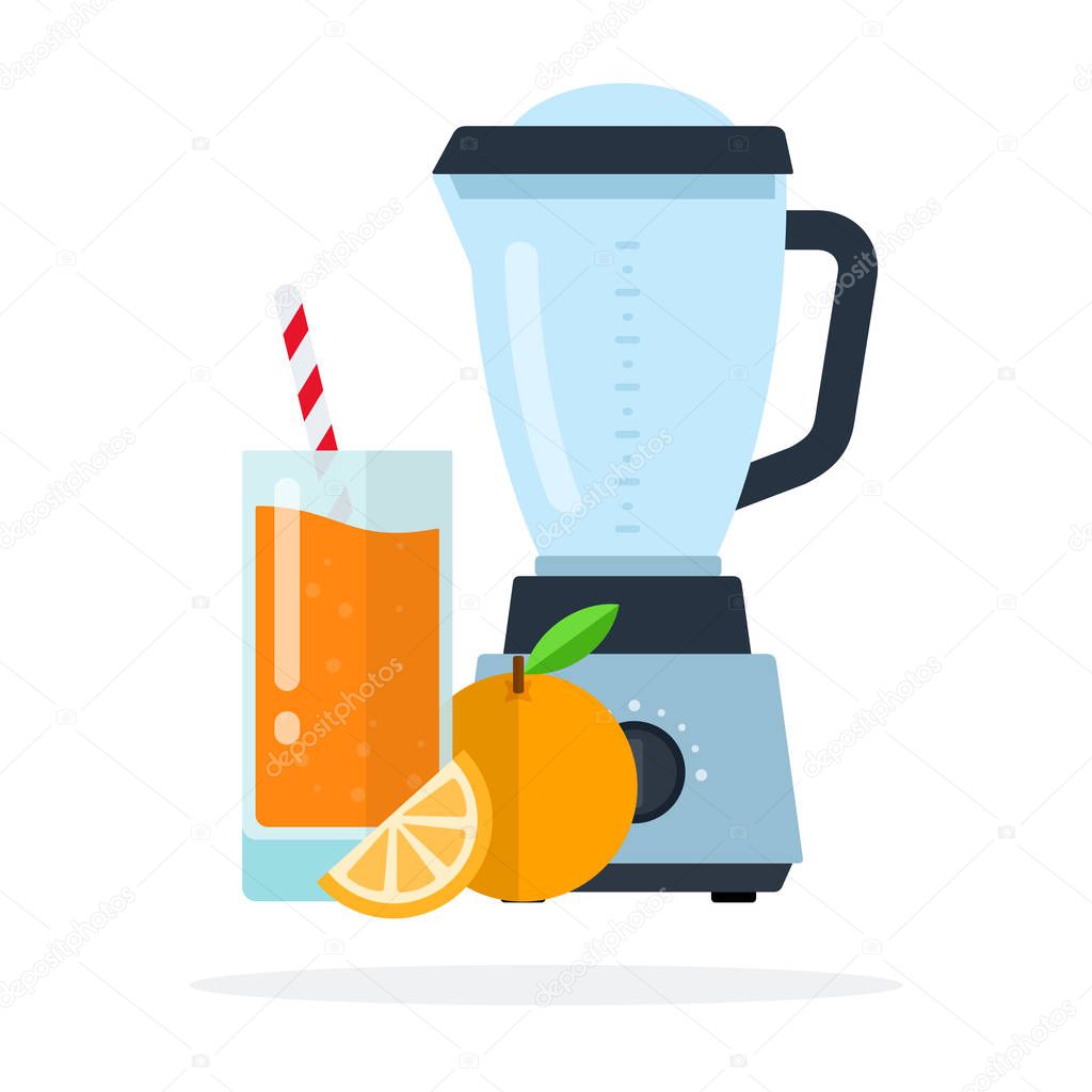Whole orange, blender and glass with orange juice and straw flat isolated