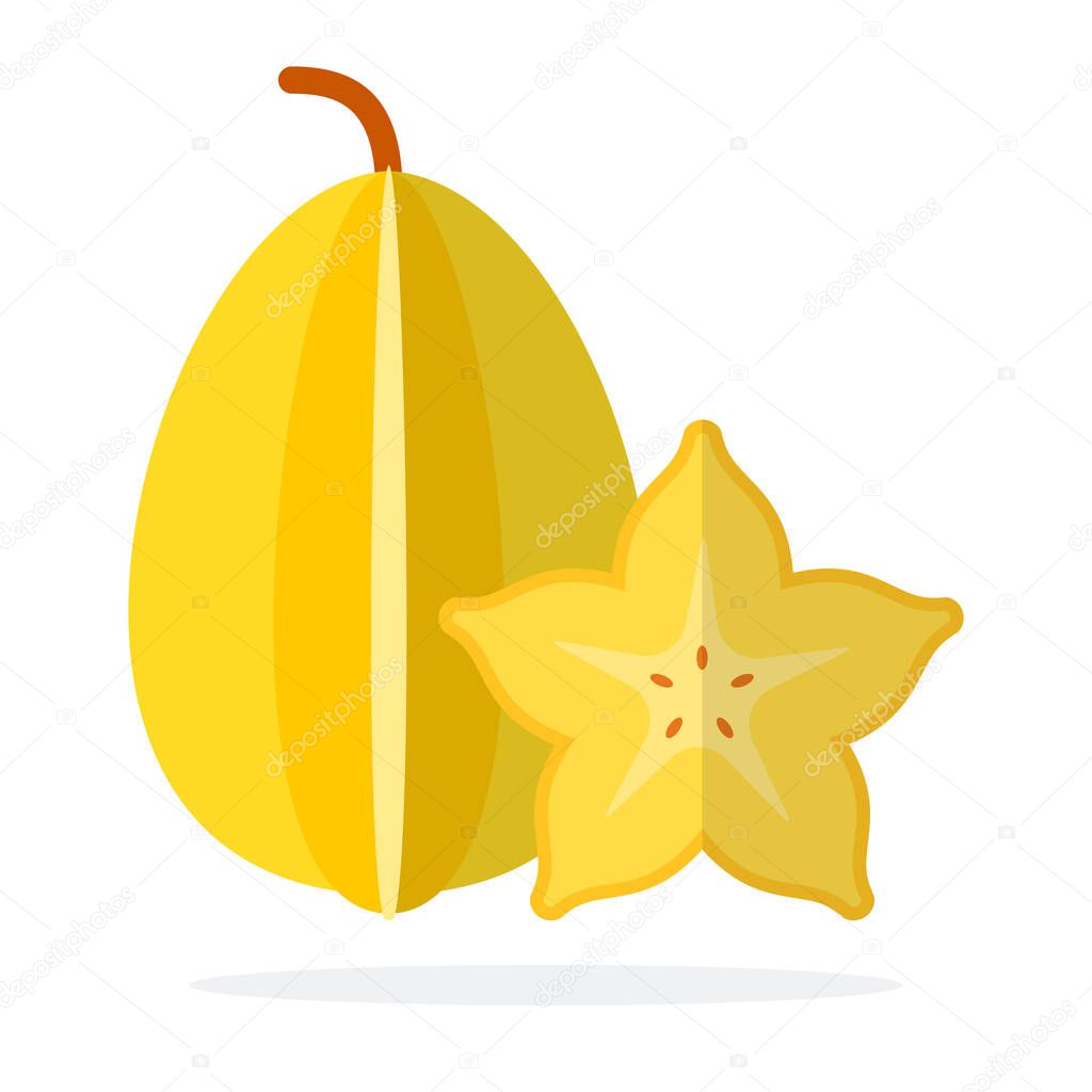 Whole carambola and carambola in section flat isolated