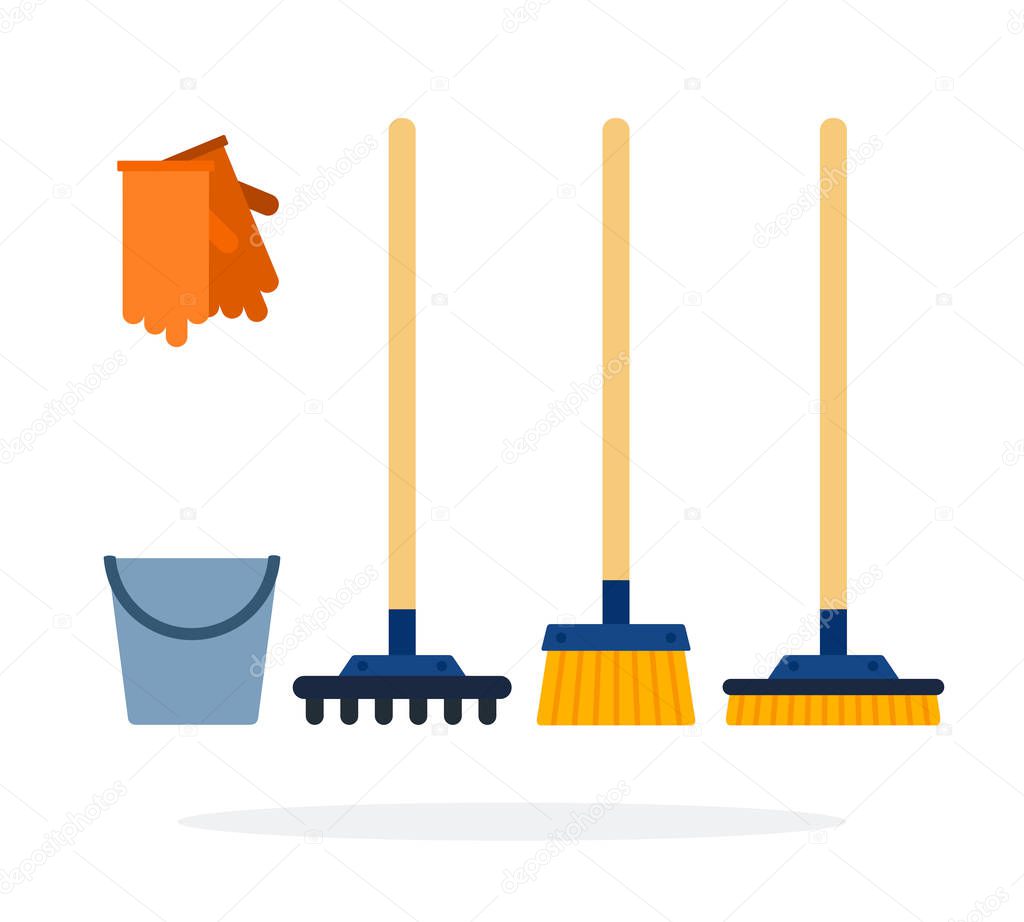 Bucket, gloves, rakes and brushes for cleaning flat isolated