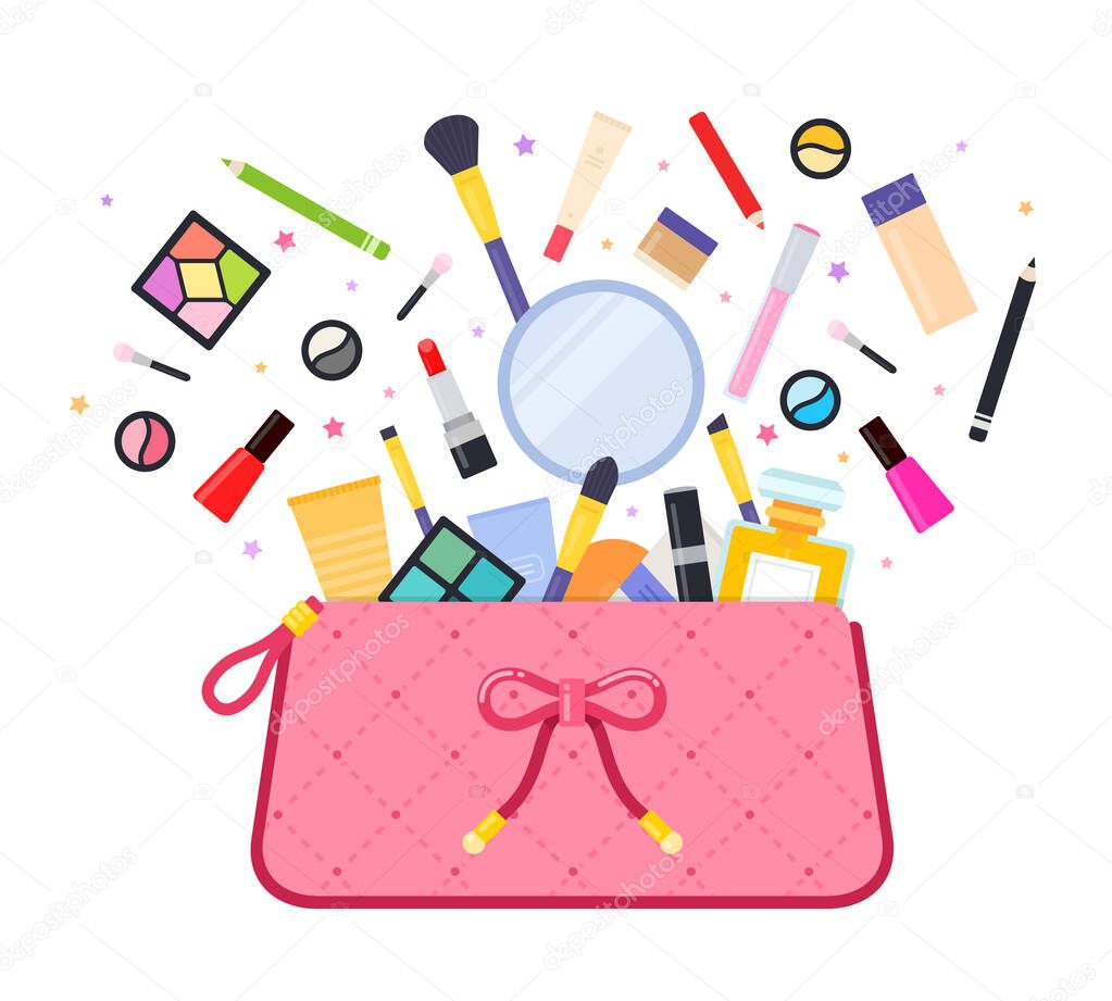 Cosmetics flying out of the bag vector icon flat isolated illustration