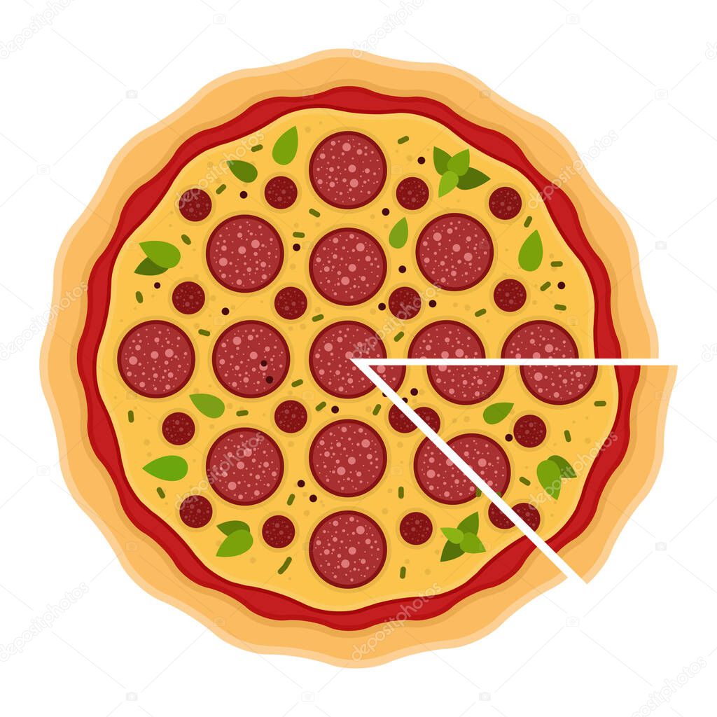 Pepperoni Pizza with a cut piece flat icon vector isolated