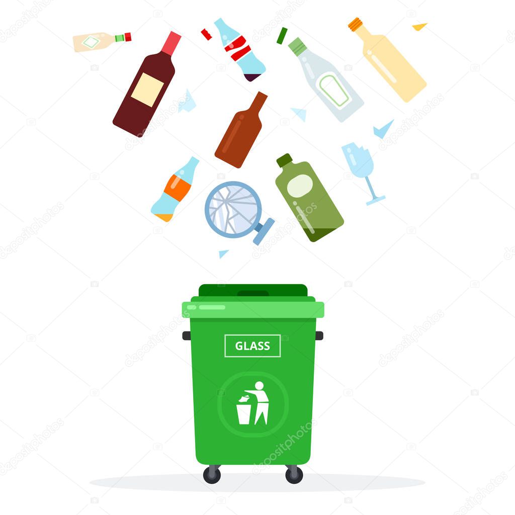 Green trash can for glass waste flat isolated