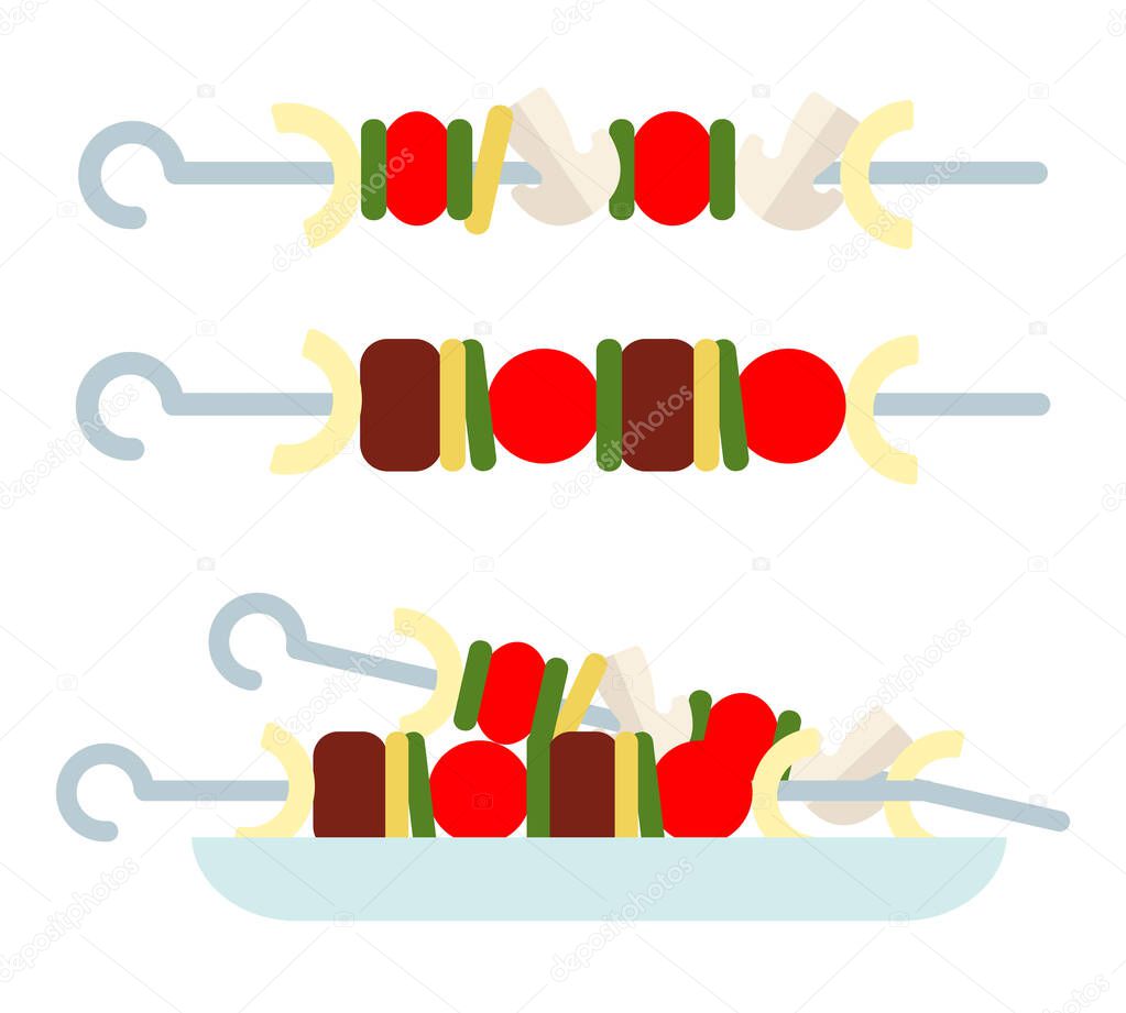 Kebab of meat and vegetables vector icon flat isolated