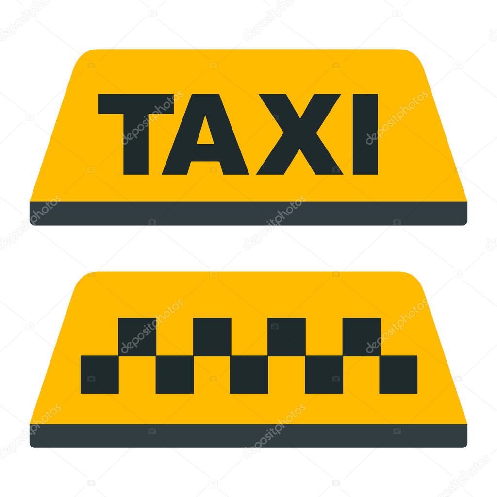 Taxi, checkered taxi, car, transportation set for taxi with emblems in yellow color vector flat icon isolated on white