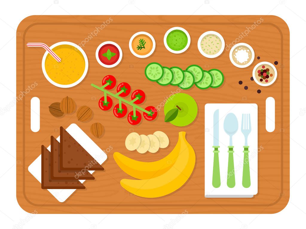 Vegan breakfast on wooden board with appliances vector icon flat isolated