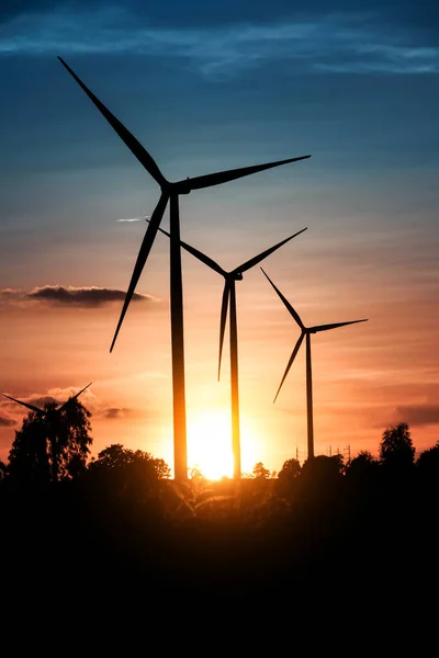 Wind turbines silhouette at sunset