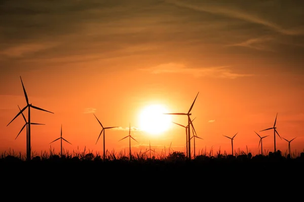 Silhueta de turbinas eólicas ao pôr-do-sol — Fotografia de Stock