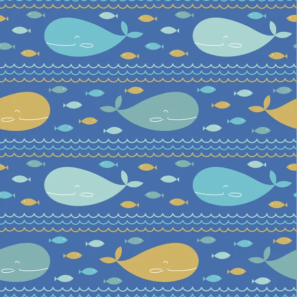 Baleines, vagues et poissons océaniques vectoriels. Fond de bébé nautique sans couture . — Image vectorielle