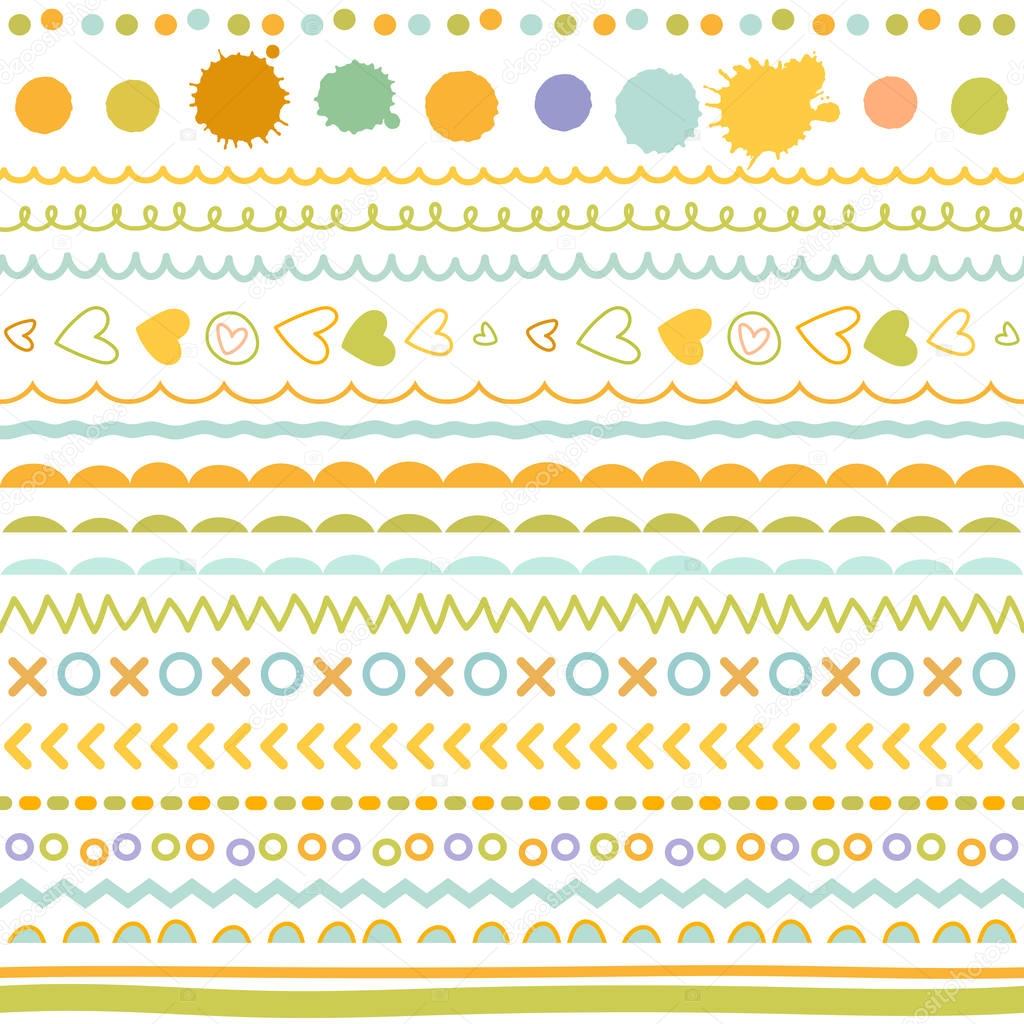 Doodle patterns set. Seamless borders, deviders collection. Brush strokes, lines, decorative graphic elements, symbols.