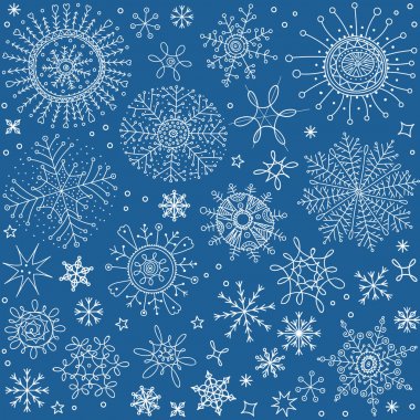 Kar taneleri, yıldız, kış sembolleri, fırça seti. Vektör Noel doodle fırça çizgi deseni. Sorunsuz soyut şekiller arka plan. Yeni yıl ve neşeli Noel mevsimlik çizilmiş kar süs eşyaları koleksiyonu el