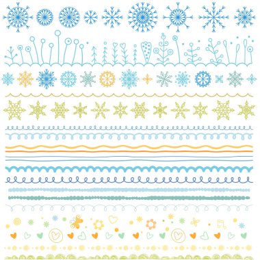 Sorunsuz vektör kenarlıkları ayarlayın. Noel doodle desenleri, semboller, kar taneleri, Kalpler, çiçekler, dalgalar, özet satırları koleksiyonları çizilen fırça teslim. Yeni yıl düz kış çizimler, simgeler, tasarım öğeleri