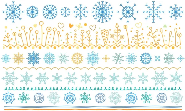 Conjunto de bordes vectoriales sin fisuras. Patrones de garabatos navideños, símbolos, copos de nieve, corazones, flores, olas, colecciones abstractas de líneas de pincel dibujadas a mano. Dibujos planos de invierno de Año Nuevo, iconos, elementos de diseño — Archivo Imágenes Vectoriales