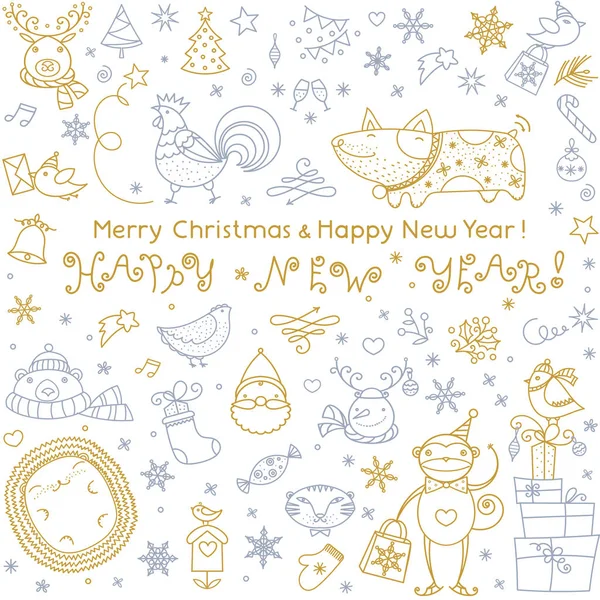 Farklı yeni yıl kutlama öğeleri işaretiyle tebrik vektör mutlu Noeller. Köpek, horoz, maymun, kaplan, Noel Baba, geyik, kardan adam, kuşlar, kirpi simgeler. Sosyal web çıkartmalar, t-shirtler, afiş ve kartları için doğrusal doodle illüstrasyonlar ayarla — Stok Vektör