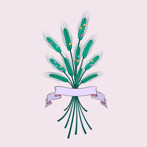 Un ramo de espigas de trigo y una cinta . — Vector de stock