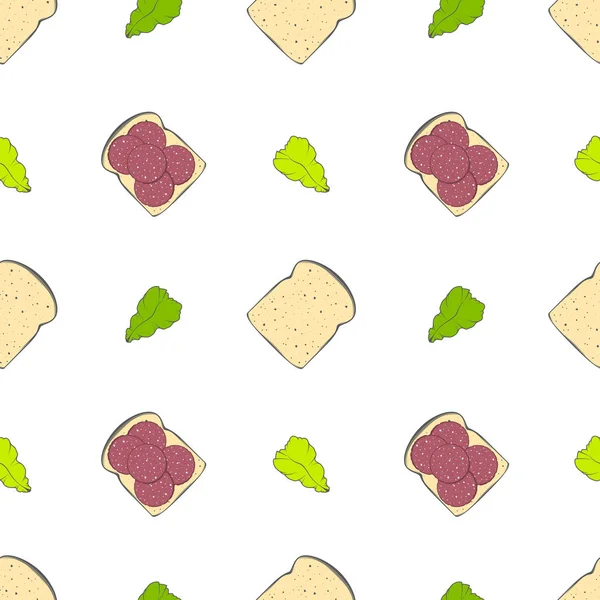 Le modèle de sandwichs avec des saucisses et des feuilles de salade . — Image vectorielle