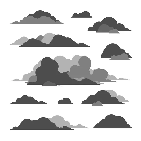 Un conjunto de iconos vectoriales, pintados en un estilo moderno plano, que representa en blanco y negro, nubes monocromáticas . — Vector de stock