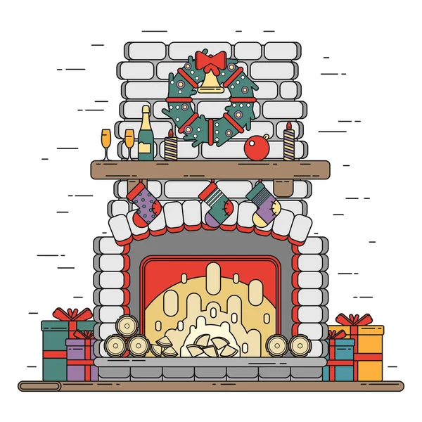 Merry Christmas Heminredning med öppen spis, färgglada lådor w — Stock vektor