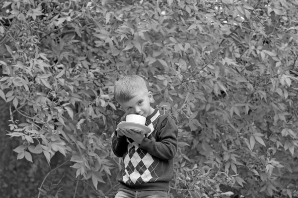 Schöner blonder lächelnder kleiner Junge hält eine Tasse in der Natur — Stockfoto