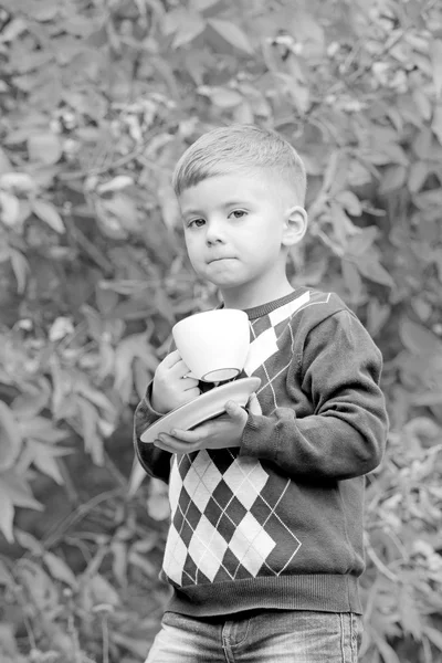 Hermoso rubio sonriente pequeño niño sostiene una taza en la naturaleza — Foto de Stock