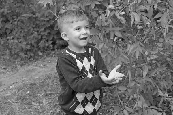 La muy guapo lindo pequeño rubio chico al aire libre juega la pelota — Foto de Stock