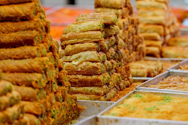 Honey Baklava made in the form of a pyramid, the sweetness showcase in the store