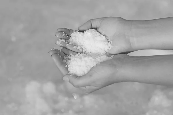 Girl Hands Holding Salt Crystals Dead Sea Body — Stock Photo, Image