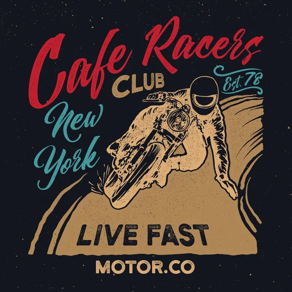 Нью-Йорк клуб кафе гонщиків. Мотоцикл кафе гонщик плакат. Ліцензійні Стокові Ілюстрації