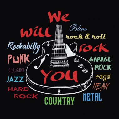 Elektro gitar ve We Will Rock You işareti.