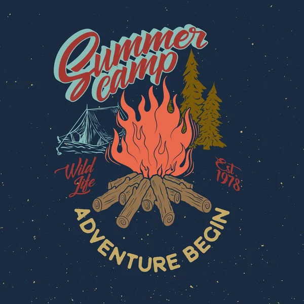 Summer camp adventure vintage graphic. Bonfire, tent, pine tree . Vector Graphics
