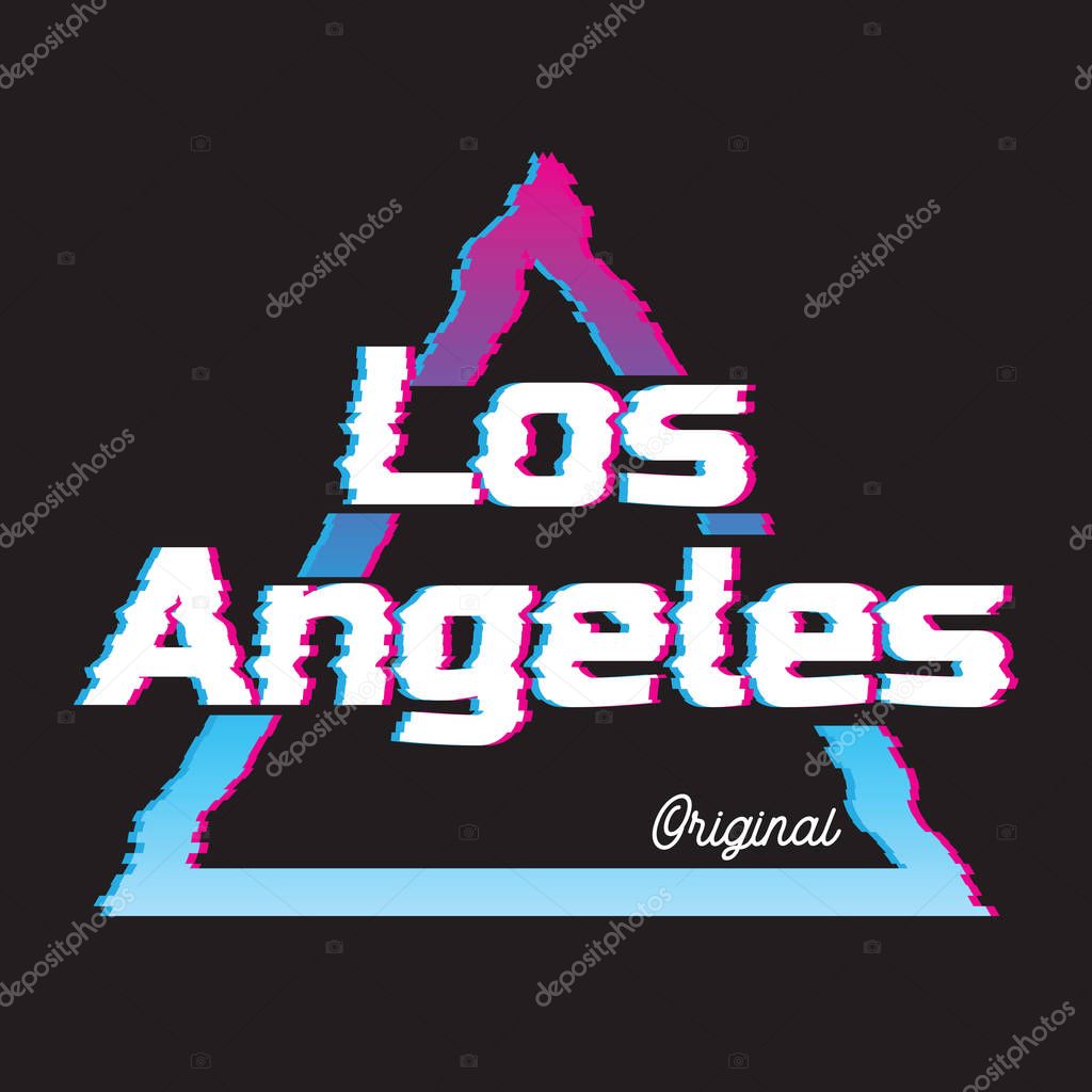 Los Angeles city glitch effect retro illustration, skyline city. Vector design for t shirt printing and embroidery.
