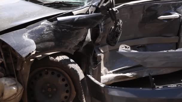 Escena Choque Con Accidente Auto Severamente Dañado Vista Superior Panorámica — Vídeos de Stock