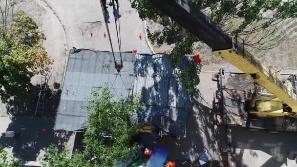 Demolition Work Crane Copter Drone Aerial View Fly Sky Flying — Stock Video