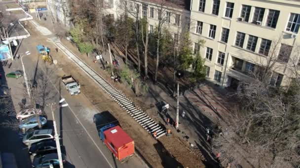 Straßenbaumaschinen Antenne Oben Vew Fliegen Himmel Fliegen Filmmaterial Arbeit Von — Stockvideo