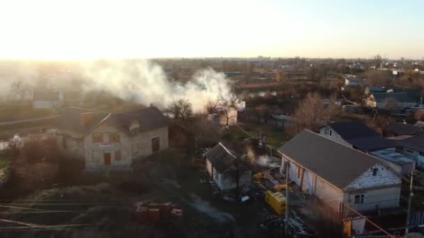 Big Fire Industrial Building Fog Smoke Shooting Height Fireman Aerial — 비디오