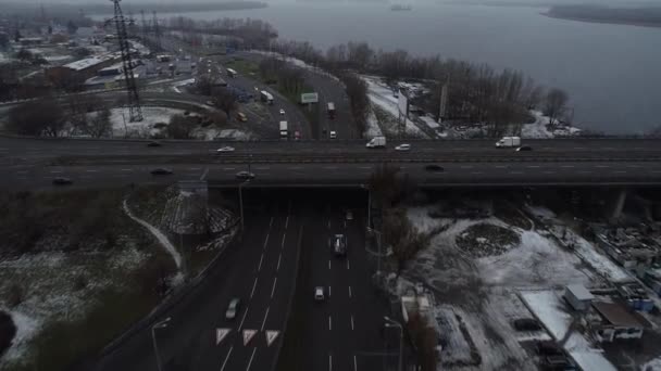 Vliegtuig Drone Flight Top Uitzicht Snelweg Drukke Stad Spitsuur Zwaar — Stockvideo