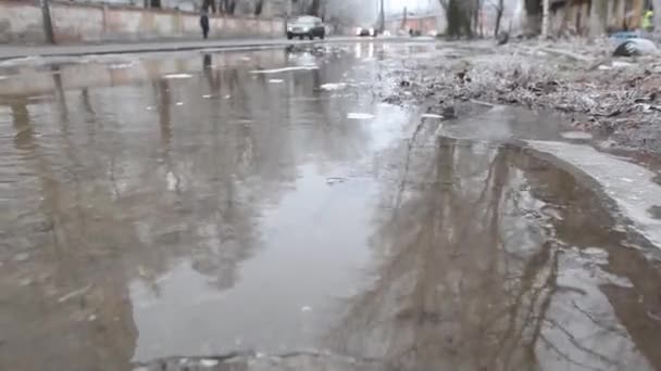 大雨の間に洪水の街の通りに車のトラフィック 洪水洪水洪水が通りを氾濫させ — ストック動画