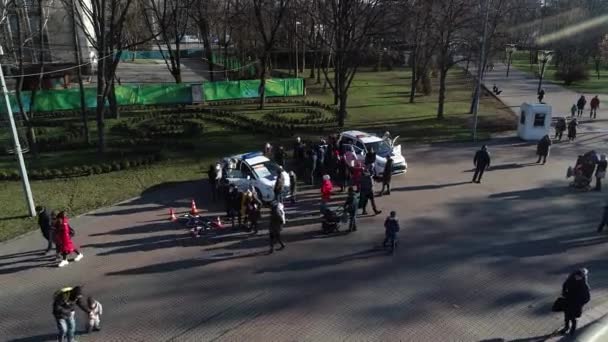 Dnipro Ukraine Patrol Police Car Parked Trees City Park Warm — Stock Video