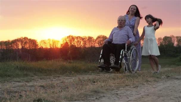 Anciano en silla de ruedas con familia — Vídeo de stock