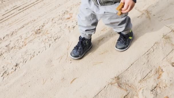 Um menino está caminhando ao longo da areia — Vídeo de Stock
