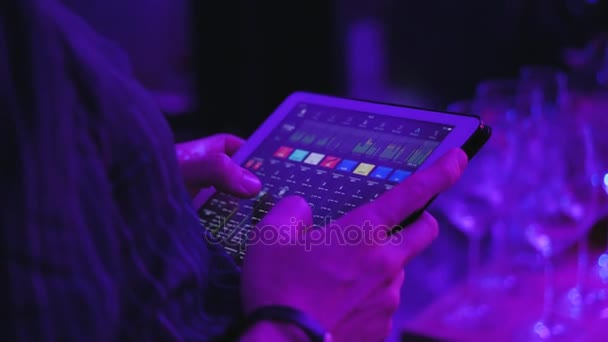 Audio Mixer Ipad Tablet Man Holds Digital Tablet His Hands — Stock Video