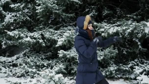 Verrückter emotionaler Tanz einer Frau im verschneiten Park, Konzept der Winterferien — Stockvideo