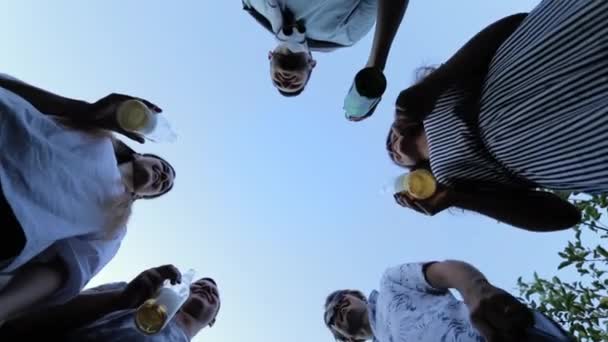 Bottom View: groep vrienden Clink met bierflessen en drinken tegen de hemel op zomerfeest — Stockvideo