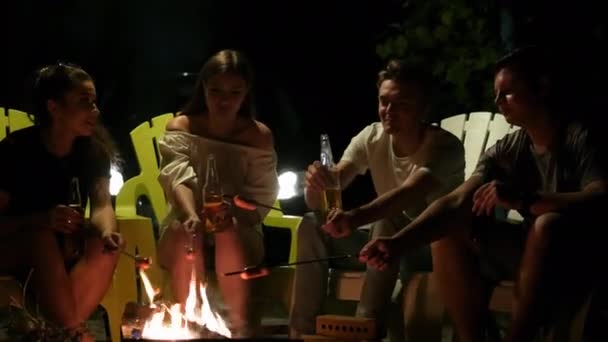 Yngre venner som hviler ved bålet om natten, steker pølser, snakker og drikker øl fra flaske – stockvideo