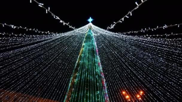 Hermoso árbol de Navidad con guirnaldas y luces de Año Nuevo — Vídeos de Stock