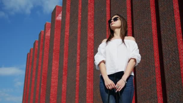 Mulher bonita fica na rua da cidade perto de um edifício de tijolo moderno, centro de exposições — Vídeo de Stock