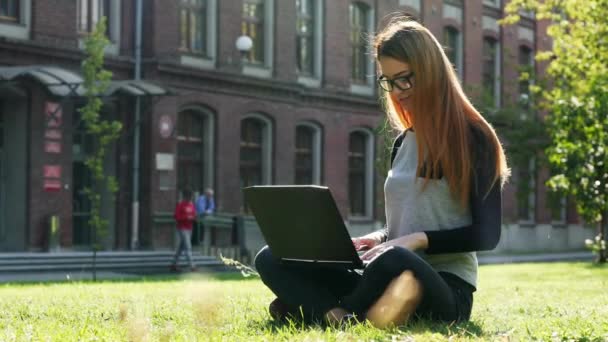 Hermosa y moderna estudiante o freelancer que trabaja en una computadora portátil, mujer pelirroja sentada en un parque en el césped verde en el campus — Vídeos de Stock