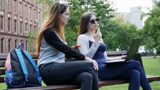 在学习前，现代女学生坐在校园公园的长椅上，在一个学生项目的笔记本电脑上一起工作。大学教育 — 图库视频影像