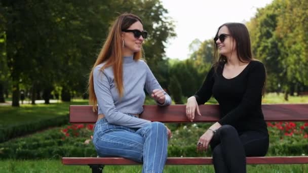 Dos amigas hablando en el parque mientras están sentadas en un parque en un banco y charlando, en un día soleado — Vídeos de Stock